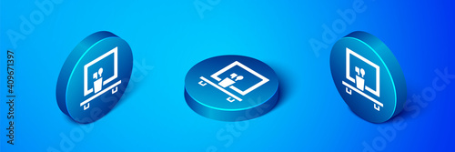 Isometric Washbasin mirror icon isolated on blue background. Bathroom interior with a mirror. Blue circle button. Vector.