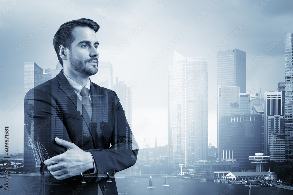 Prosperous European entrepreneur in suit in crossed arms pose. Singapore cityscape. The concept of problem solving. Financial downtown. Double exposure.