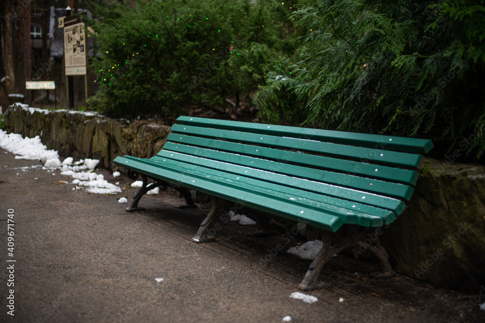 Green, wet, vacant park bench in winter park. Shallow depth of field image. Green, wet, vacant park bench in winter park. Shallow depth of field image.
