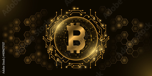 Futuristic golden Bitcoin digital currency. Computer CPU. Concept of cryptocurrency mining. Hexagon pattern. Hi-tech design blockchain for graphic design. Vector illustration.