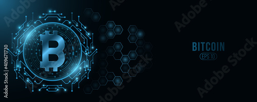 Futuristic Bitcoin digital currency. Computer CPU. Concept of cryptocurrency mining. Hexagon pattern. Hi-tech design blockchain for graphic design. Vector illustration.