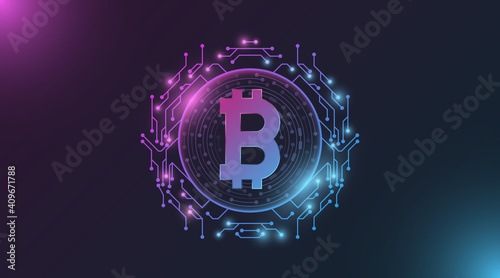 Futuristic purple and blue glowing Bitcoin digital currency. Computer CPU. Concept of cryptocurrency mining. Hi-tech design blockchain for graphic design. Vector illustration.