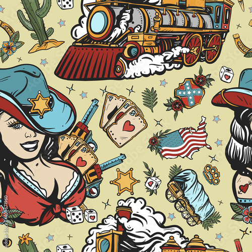 American western movie background. Old school tattoo style. Wild West seamless pattern. Cowboy girl, train, sheriff star, guns and golden horseshoe