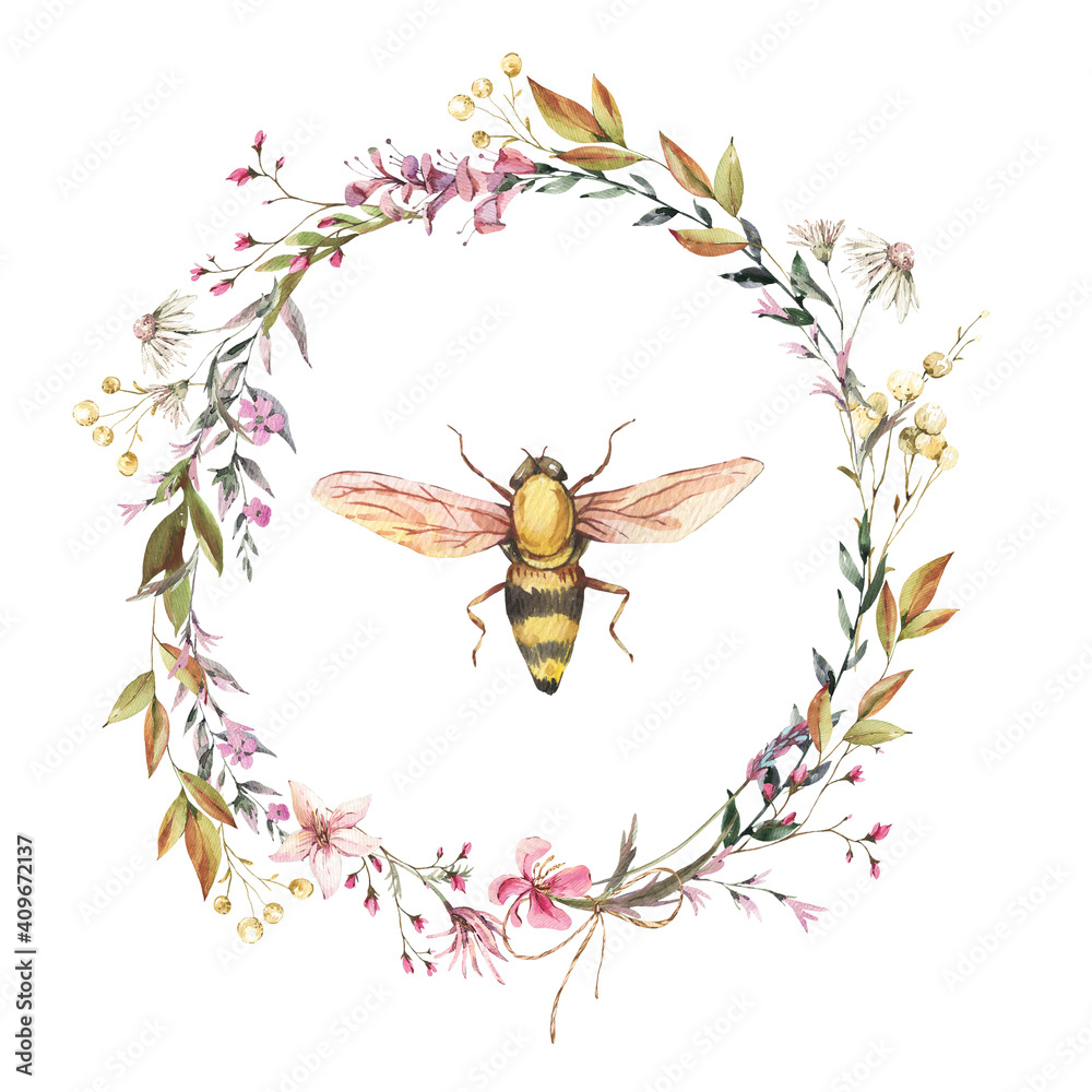 Watercolor bee illustration. Vintage wildflowers wreath. Stock ...