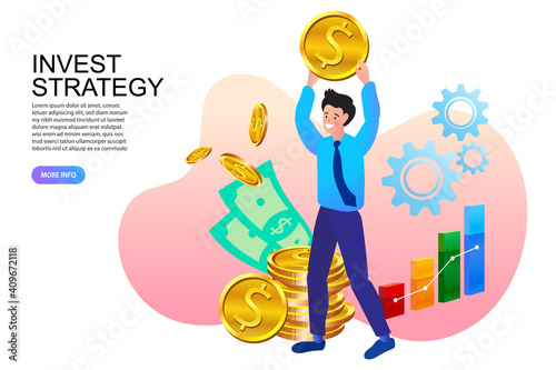 A man with a gold coin. Businessman standing at golden stacks of coins. Investing and investing money in ideas. Successful business strategy, sales growth, investment. Vector illustration, eps, flat.