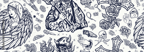 Angel and demon seamless pattern. Paradise and Hell art. Terrible satan with pitchforks and holy nun. Old school tattoo style. Good and evil. Cross with roses, hands prayer, dove. Sin and holiness