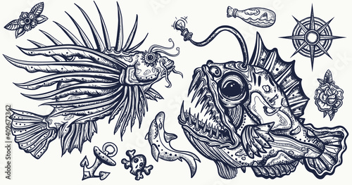 Sea monsters. Angler fish and lionfish, shark, compass. Underwater life. Deep water diving art. Treasures and life of ocean. Old school tattoo vector collection