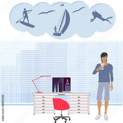 Dream of a trip to the sea - freelancer, teleworking, apartment - vector. Travel planning. Hypothetical vacation.