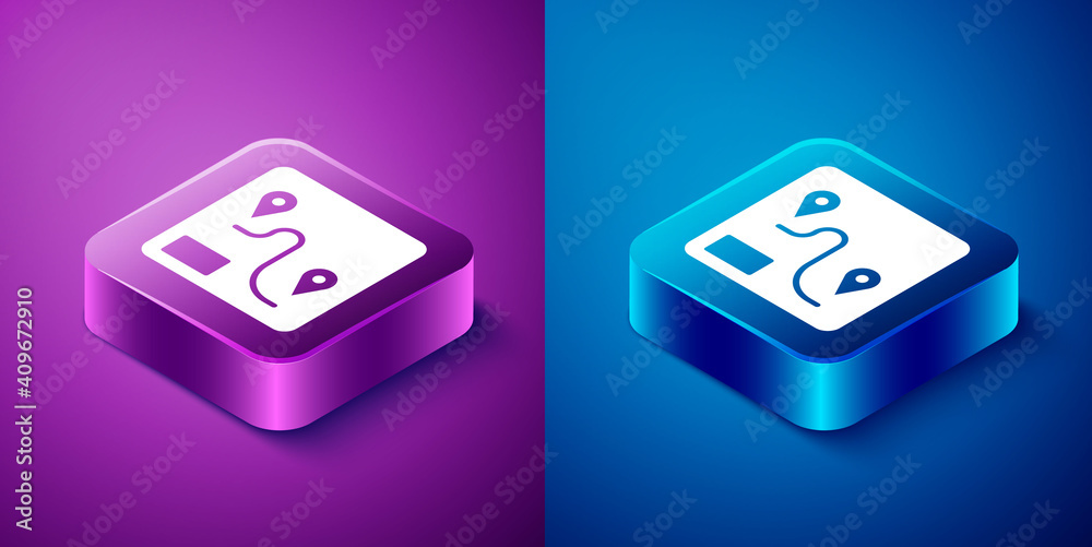 Isometric Route location icon isolated on blue and purple background. Train line path of train road route with start point GPS and dash line. Square button. Vector. Isometric Route location icon isolated on blue and purple background. Train line path of train road route with start point GPS and dash line. Square button. Vector.