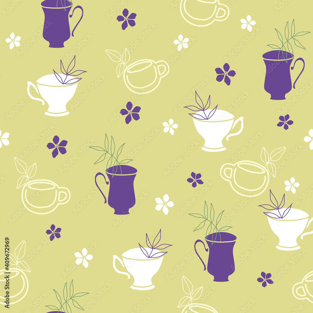 Vector light green garden tea party seamless pattern background. Perfect for fabric, scrapbooking, wrap paper, wallpaper projects.