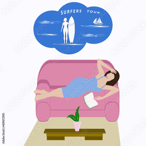 Woman lies on the sofa and reads a book - vector.Hypothetical vacation.Travel planning. Surfing dream.