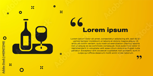 Black Wine bottle with glass icon isolated on yellow background. Vector.