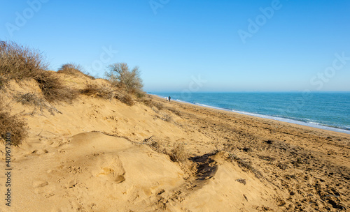 Sand dunes near the sea on a sunny day.