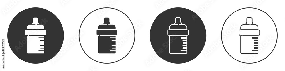 Black Baby bottle icon isolated on white background. Feeding bottle icon. Milk bottle sign. Circle button. Vector.