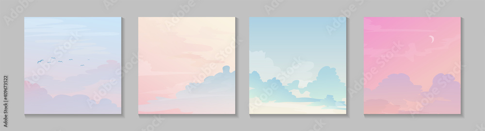 Colorful sky set greeting card. Creative pastel sky background with clouds