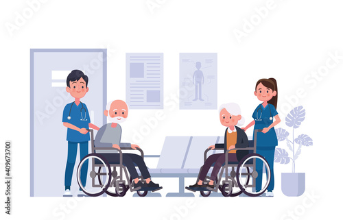 An elderly couple in a wheelchair with a male and female doctor supervising Flat style cartoon character vector illustration