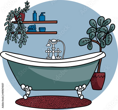 Hand drawn vector illustration of a bathtub. Beautiful bathroom interior doodles isolated on white background.