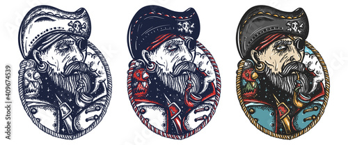 Old pirate portrait. Elderly sea captain smoking pipe. Old school tattoo vector art. Hand drawn cartoon character set. Isolated on white. Traditional tattooing style