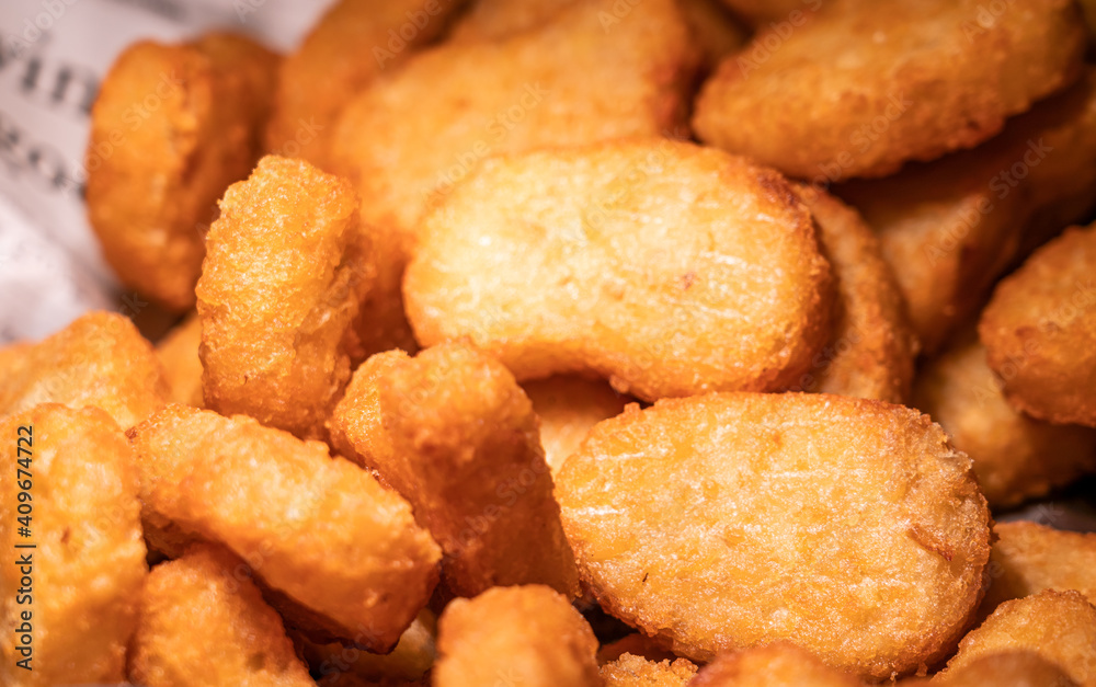 Close up delicious hash browns in breakfast buffet line Close up delicious hash browns in breakfast buffet line