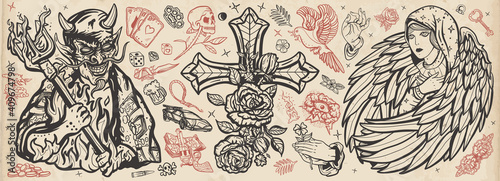 Angel and demon. Old school tattoo vector collection. Good and evil set. Terrible satan with pitchforks and holy nun. Paradise and Hell art. Cross with roses, hands prayer, dove. Sin and holiness