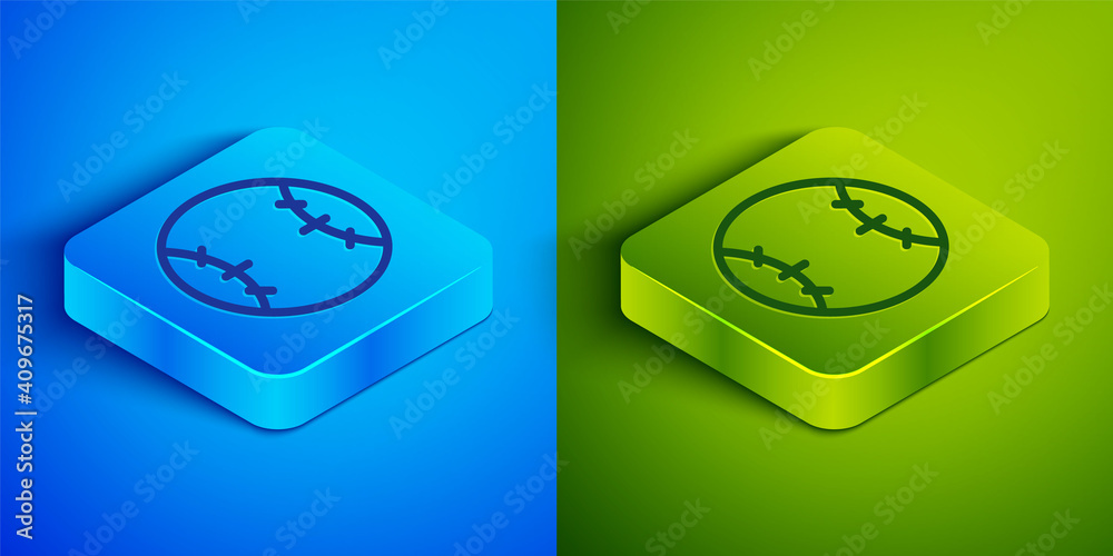 Isometric line Baseball ball icon isolated on blue and green background. Square button. Vector Illustration. Isometric line Baseball ball icon isolated on blue and green background. Square button. Vector Illustration.