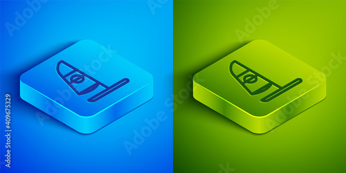 Isometric line Windsurfing icon isolated on blue and green background. Square button. Vector Illustration.