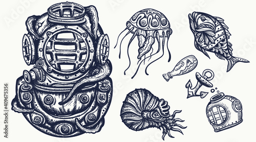 Scuba diver helmet, jellyfish. Deep water diving elements. Old school tattoo vector art. Hand drawn cartoon character set. Isolated on white. Underwater sea life. Traditional tattooing style