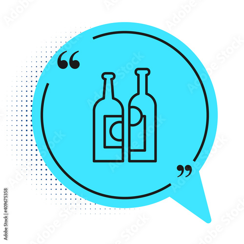 Black line Bottles of wine icon isolated on white background. Blue speech bubble symbol. Vector Illustration.