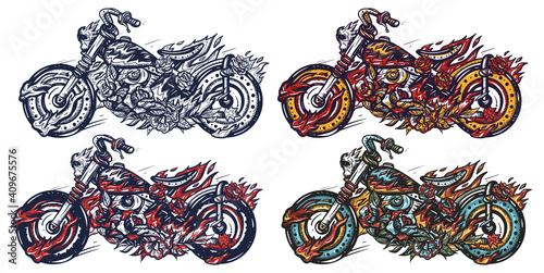 Burning motorcycle, rider sport elements. Bikers lifestyle. Old school tattoo vector art. Hand drawn cartoon character set. Isolated on white. Traditional tattooing style