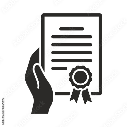 Certificate icon. Hand holding certificate. Achievement, award, grant, diploma. Vector icon isolated on white background.