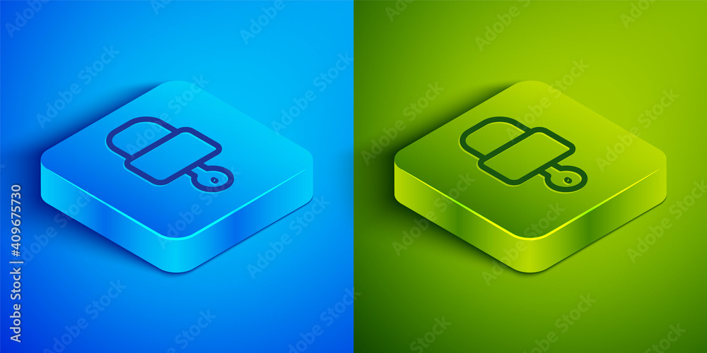 Isometric line Lock and key icon isolated on blue and green background. Padlock sign. Security, safety, protection, privacy concept. Square button. Vector Illustration. Isometric line Lock and key icon isolated on blue and green background. Padlock sign. Security, safety, protection, privacy concept. Square button. Vector Illustration.