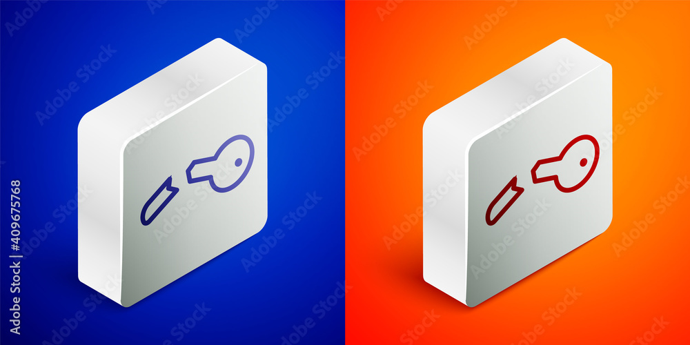 Isometric line Broken key icon isolated on blue and orange background. Silver square button. Vector Illustration.