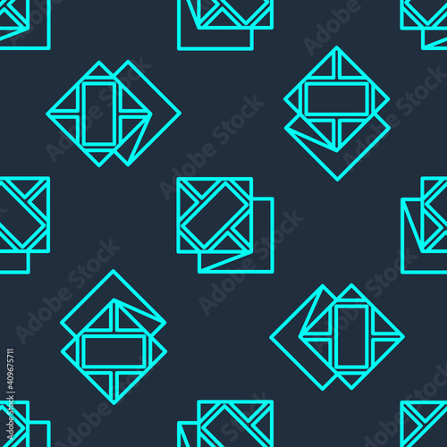 Green line Folded map icon isolated seamless pattern on blue background. Vector Illustration.