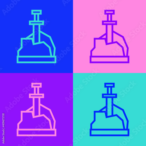 Pop art line Sword in the stone icon isolated on color background. Excalibur the sword in the stone from the Arthurian legends. Vector.