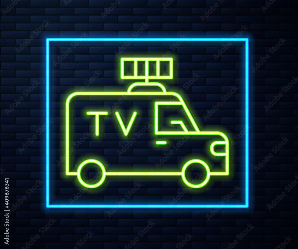 Glowing neon line TV News car with equipment on the roof icon isolated on brick wall background. Vector. Glowing neon line TV News car with equipment on the roof icon isolated on brick wall background. Vector.