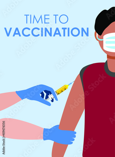 Doctor or nurse hand with syringe making vaccination of patient. Syringe with medication. Vaccination concept. Health care, hospital and medical diagnostics. Vector illustration