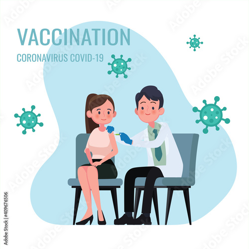 Doctor makes an injection of flu vaccine to women in hospital. coronavirus, Covid-19 , prevention and immunize.