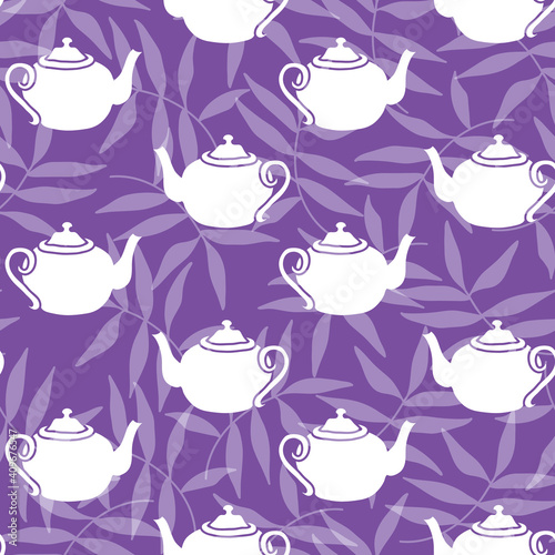 Vector deep purple garden tea party seamless pattern background. Perfect for fabric, scrapbooking, wrap paper, wallpaper projects. photo