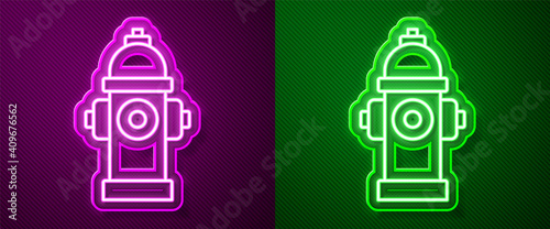 Glowing neon line Fire hydrant icon isolated on purple and green background. Vector.