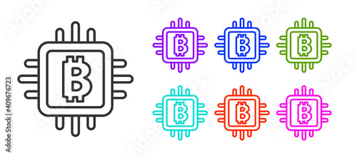 Black line CPU mining farm icon isolated on white background. Bitcoin sign inside processor. Cryptocurrency mining community. Digital money. Set icons colorful. Vector.