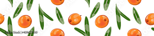 Border made of a seamless pattern of sea buckthorn and leaves on a white background. 