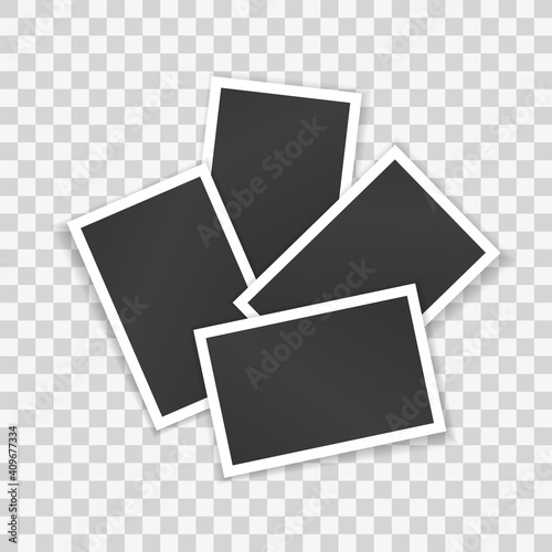 Blank photo collage isolated on transparent background. Vector realistic template of pile of empty photographs in white frames for decoration, design album or poster
