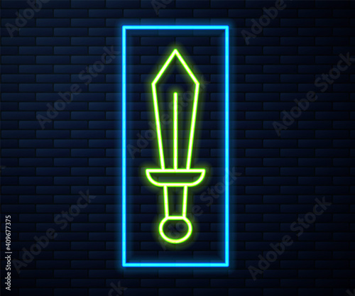 Glowing neon line Sword toy icon isolated on brick wall background. Vector.