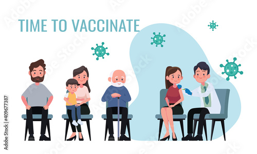 Doctor makes an injection of flu vaccine to women in hospital. Patients are waiting in line. Healthcare, coronavirus, Covid-19, prevention and immunize.