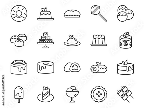 set of dessert thin line icons, bakery, cake, sweet, food