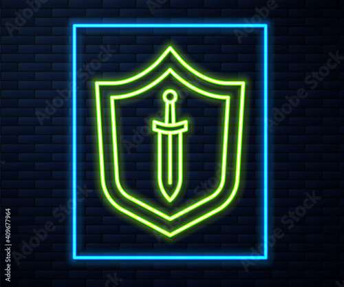 Glowing neon line Medieval shield with sword icon isolated on brick wall background. Vector.
