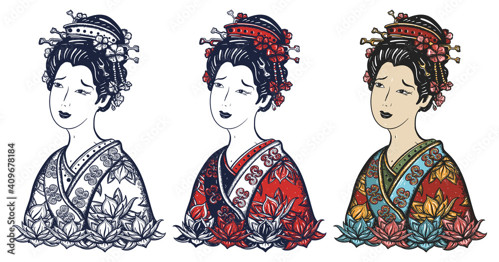 Geisha woman portrait. Asian girl in traditional kimono. Old school tattoo  vector art. Hand drawn cartoon character set. Isolated on white. Japan and  China culture. Traditional tattooing style Stock Vector | Adobe