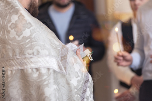 Pastor holding a bible ready for preach in church.Christian, Preacher and sunday worship concept.