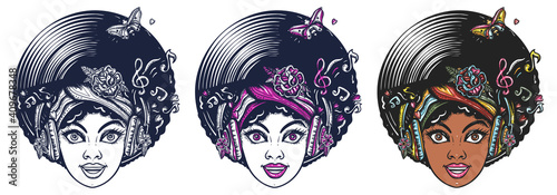 Funk music girl. African woman face with afro hairstyle, portrait. Hippie people. Old school tattoo vector art. Hand drawn cartoon character set. Isolated on white. Traditional tattooing style