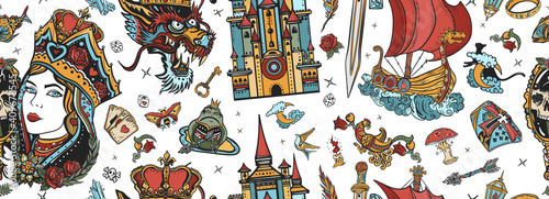 Fairy tales old school tattoo seamless pattern. Middle Ages magic legends art. Fantasy tattooing style background. Dragon, knight, sword and princess frog, medieval castle, queen in golden crown